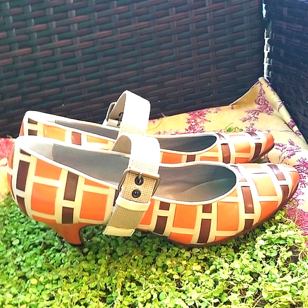 MIU MIU Y2k Orange Brown Basketweave Italy Leather Mary Janes Shoes 39 8.5 Euc - Picture 8 of 16